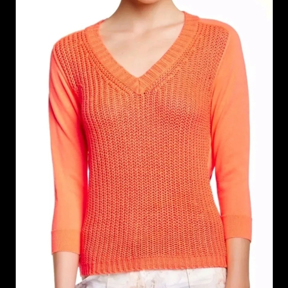 Ted Baker Lills Orange Neon V Neck Waffle Sweater Jumper 3/4‎ Sleeve Size 3 US 8